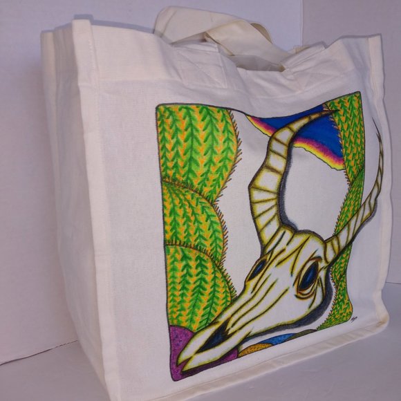 Hand-Painted Cow Skull Tote Bag: Desert Cactus Scene 14x13x7 - Picture 4 of 16